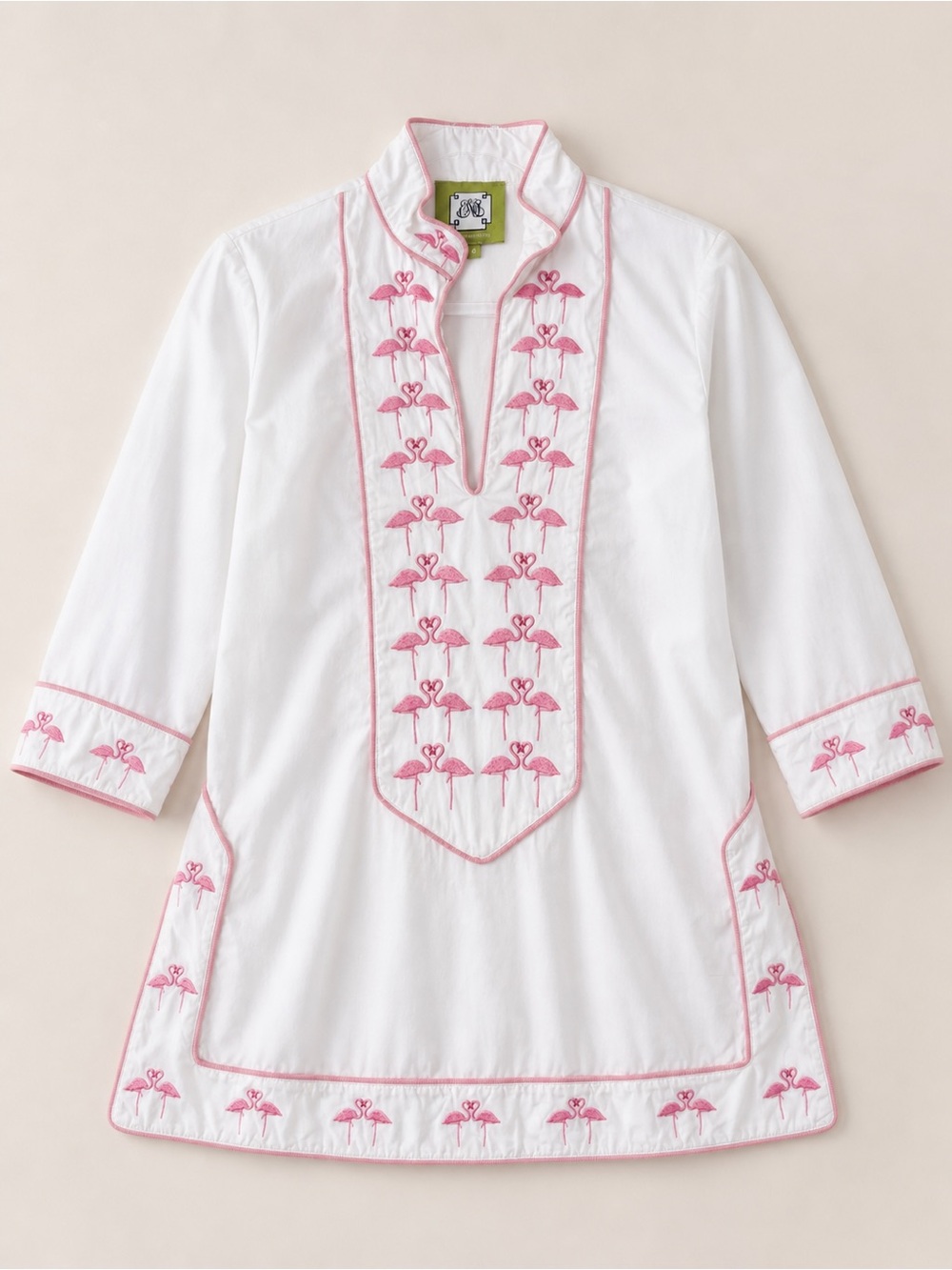 Elizabeth McKay Flamingo Embroidered Tunic Top White Pink Size 4 Preppy Coastal